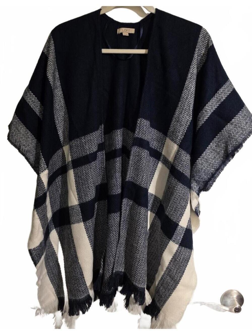 LOFT Women's Navy and Cream Plaid Wrap Sweater, Size M/L